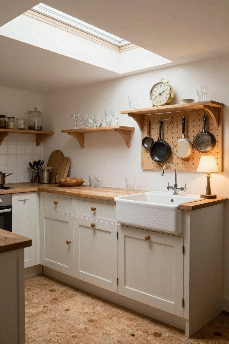White shaker-style kitchen cabinets with wooden countertops and a large white farmhouse sink, wooden pegboard wall holding hanging pots and pans, open wood shelves with glassware, and cork tile flooring under a skylight.