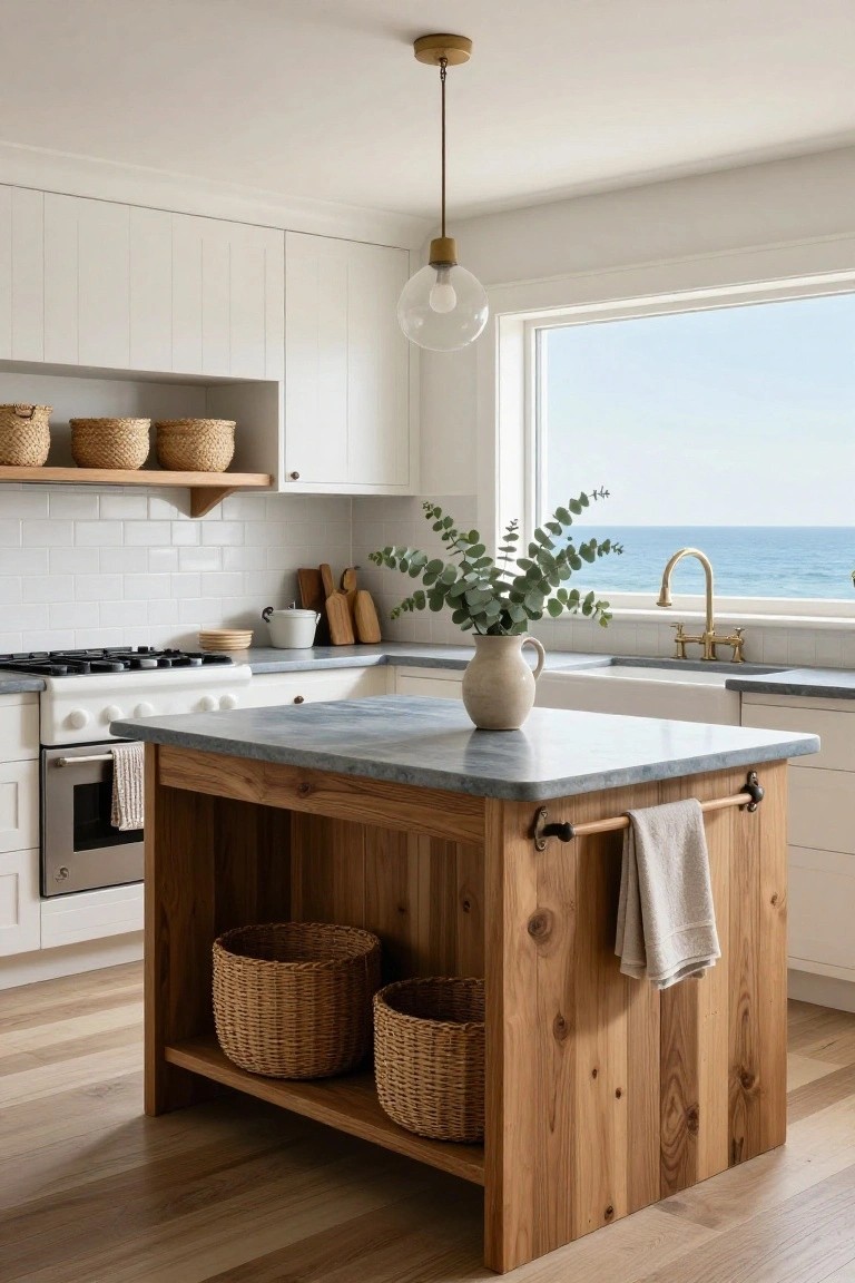 Coastal kitchen interior with white shaker cabinets, subway tile backsplash, blue-gray soapstone counters, a central wooden island holding seagrass baskets, brass faucet at sink, and large window overlooking ocean.