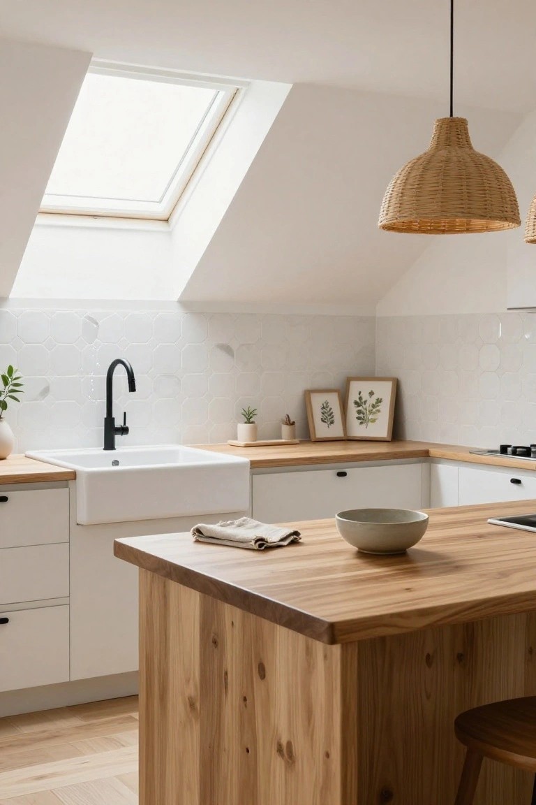 Kitchen interior with white cabinets, light oak wooden island, white octagonal backsplash tiles, matte black faucet over farmhouse sink, skylight ceiling, rattan pendant lights, and wooden stool.