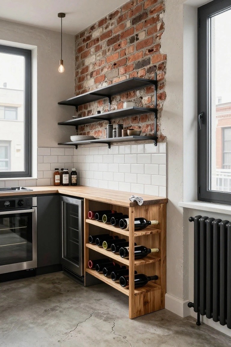 Kitchen corner with gray oven, wine fridge, wooden wine rack holding red and green bottles, butcher block countertop, white subway tile backsplash, exposed brick wall, black metal shelves, and polished concrete floor.