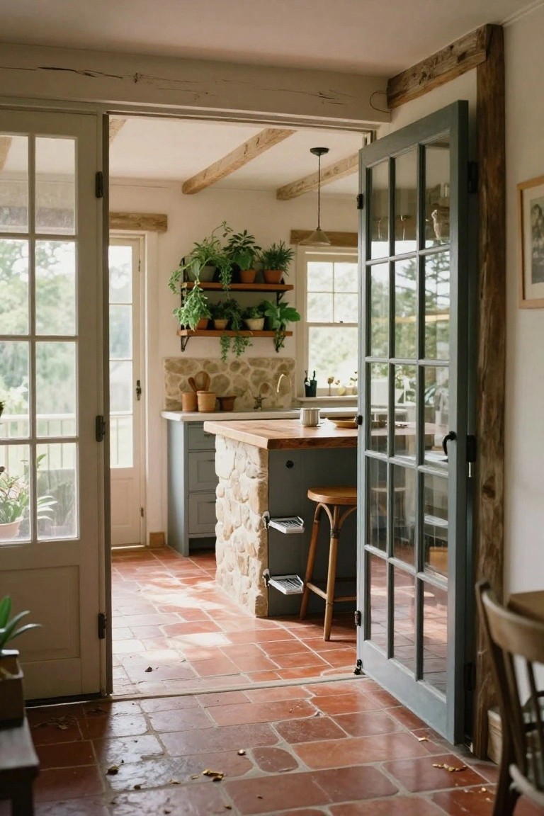 Rustic kitchen with beige stone backsplash and lower wall, wooden beamed ceiling, butcher block island with stools, open shelves holding plants and pots, gray cabinets, terracotta tile floor, and large glass doors open to garden view.