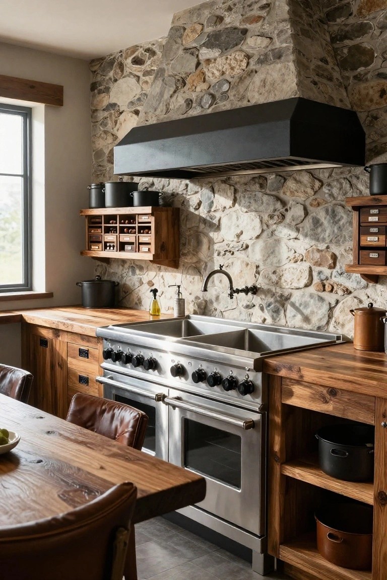Rustic kitchen with tall exposed stone wall behind black range hood, stainless steel double range and sinks, wooden cabinets, counters, open shelving, and leather chairs at wood table.