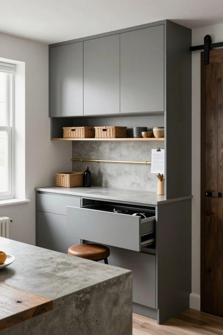 Tall gray kitchen cabinets with open shelves holding wicker baskets, a brass towel bar on a concrete backsplash, open drawers revealing pots and pans, concrete countertop, wood-accented island, leather stool, and sliding barn door.