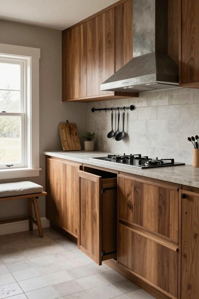 Kitchen with tall walnut wood cabinets, white quartz countertop, gas cooktop, stainless steel range hood, subway-style tile backsplash, hanging utensils, open pull-out bin drawer, window, and bench seat.