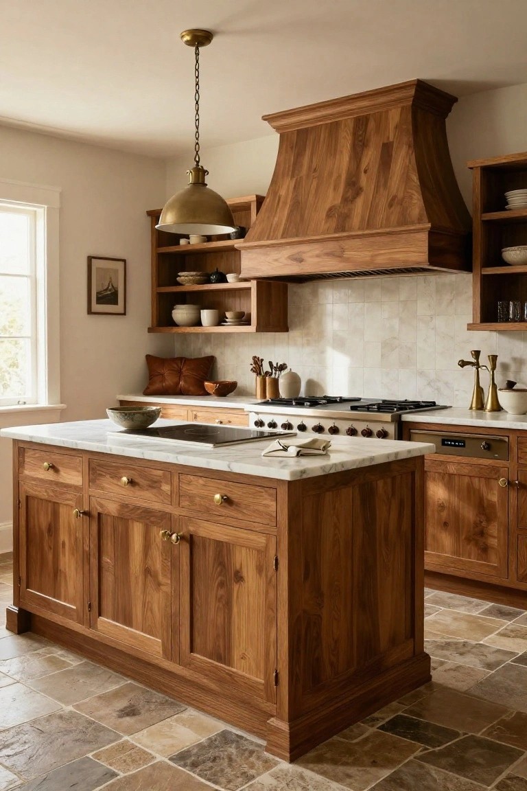 Rustic kitchen interior with warm wood cabinets, large wooden range hood over a gas cooktop, white marble island countertop, open shelves, and terracotta tile floor.