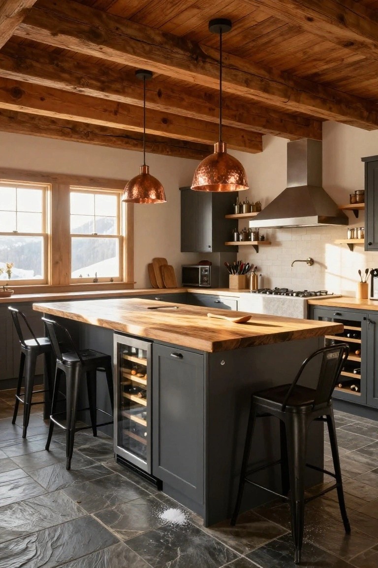 Rustic kitchen with exposed wooden beam ceiling, two copper pendant lights, dark grey cabinets, large live-edge wood island with built-in wine fridge and stools, stainless appliances, and double windows showing mountain view.