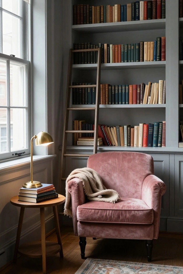 Cozy pink velvet armchair beside a brass lamp and bookshelf.