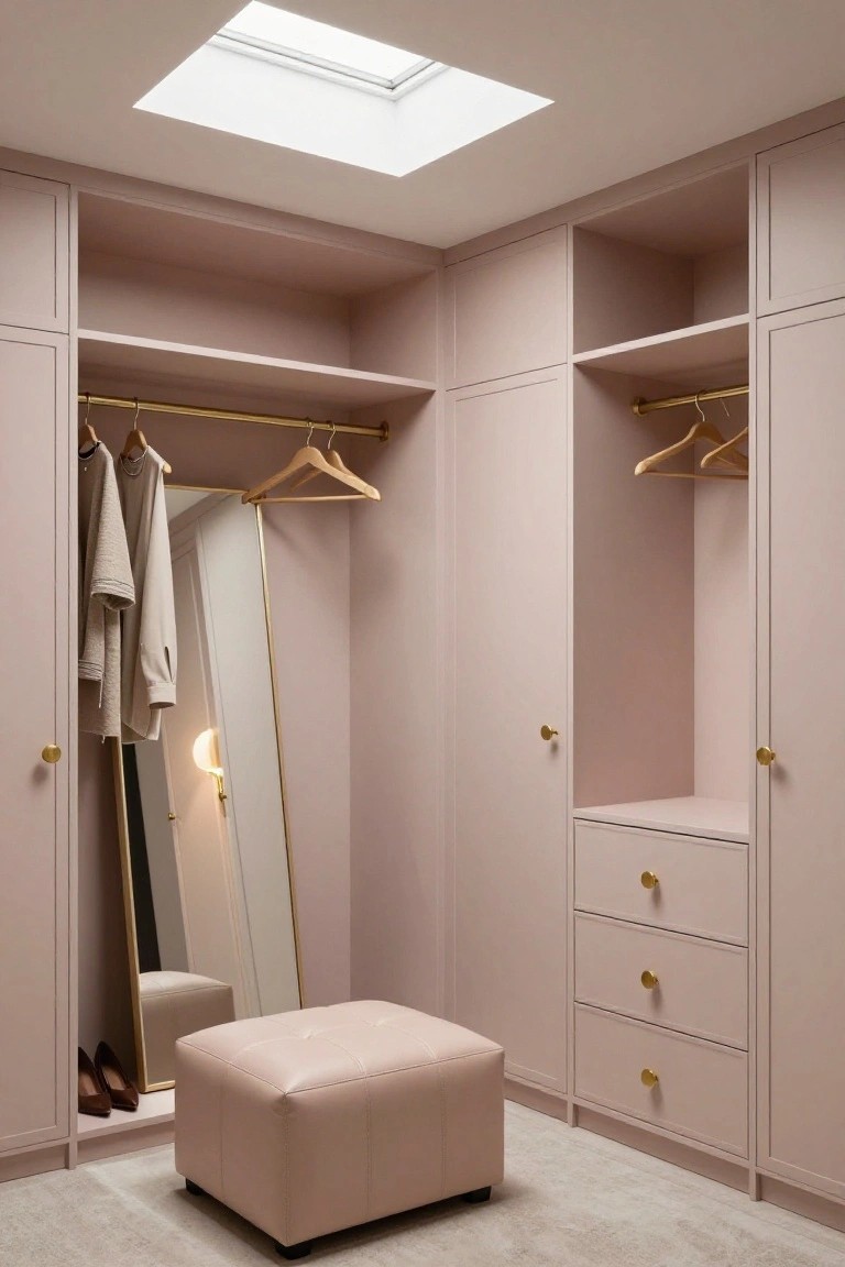 A walk-in closet with blush pink fitted wardrobes, gold hanging rails and knobs, a full-length gold-framed mirror with wall light, pink leather pouf stool, hanging clothes, and high heel shoes on a shelf.