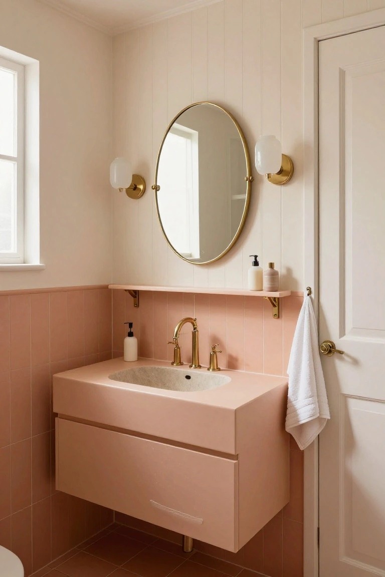 Pink bathroom with floating sink, round gold mirror, and wall sconces.
