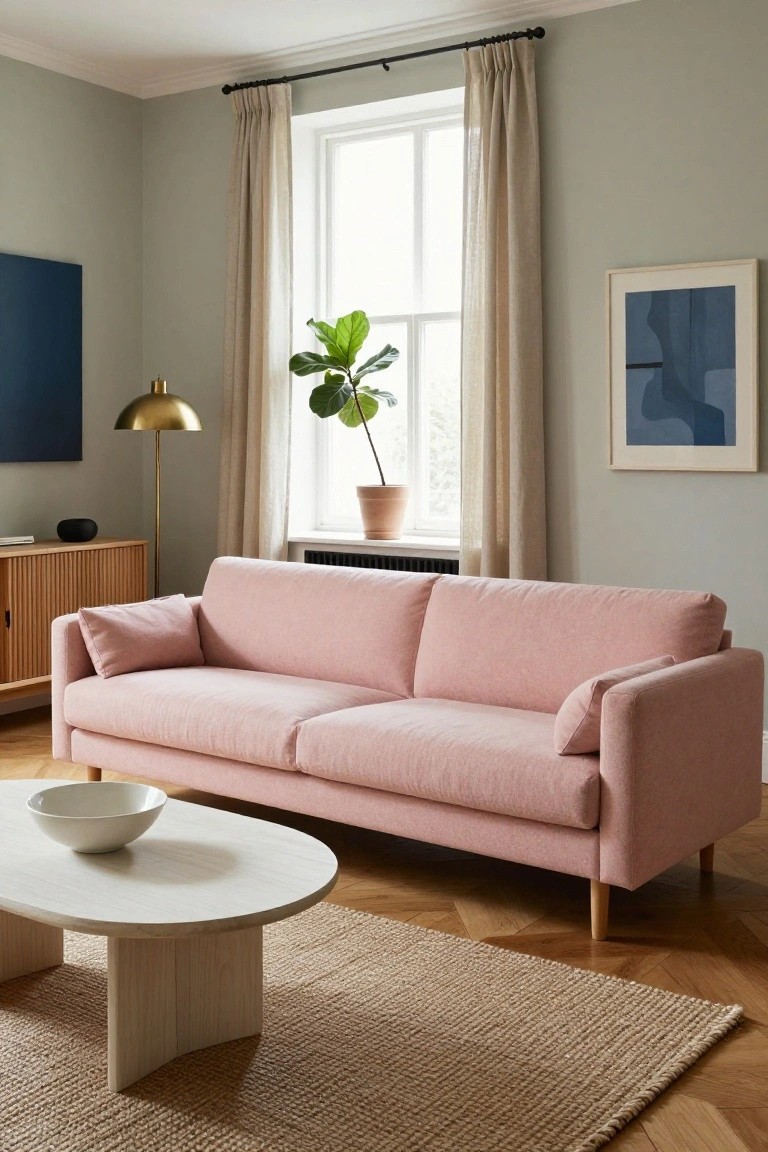 Living room featuring a blush pink fabric sofa with oak legs, white oval coffee table holding a white bowl, beige seagrass rug on parquet floor, fiddle leaf fig plant by window with beige linen curtains, gold floor lamp, wooden sideboard, and abstract blue artwork on pale green walls.
