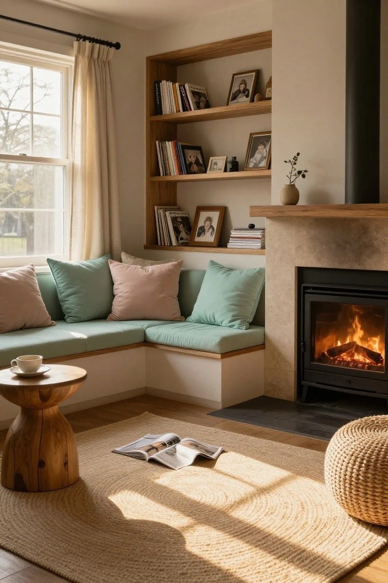 Cozy interior corner with built-in teal bench seat topped with pink and mint cushions next to a lit stone fireplace, wooden bookshelves with books and frames, small wooden table with teacup, seagrass rug, and window with beige curtains.