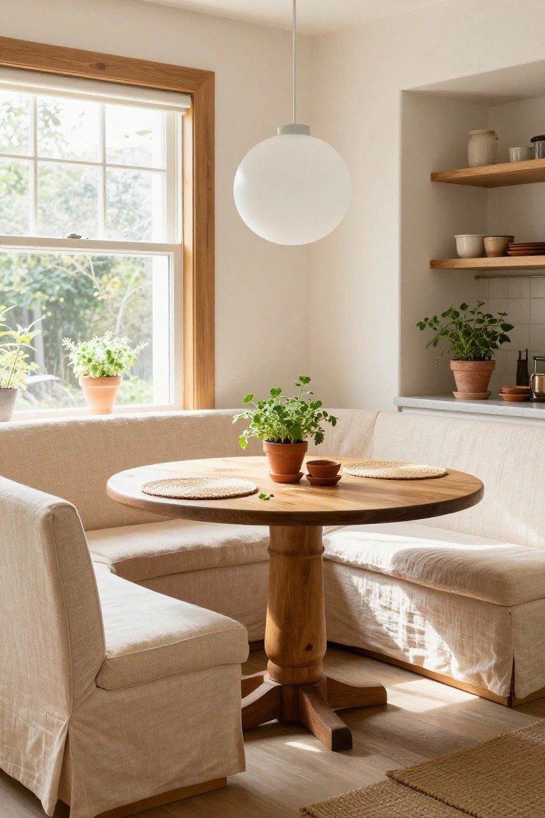 Light kitchen nook with beige linen-covered banquette seating around a round wooden pedestal table, herb plants in terracotta pots on the table and windowsill, white globe pendant light overhead, and open shelves nearby.