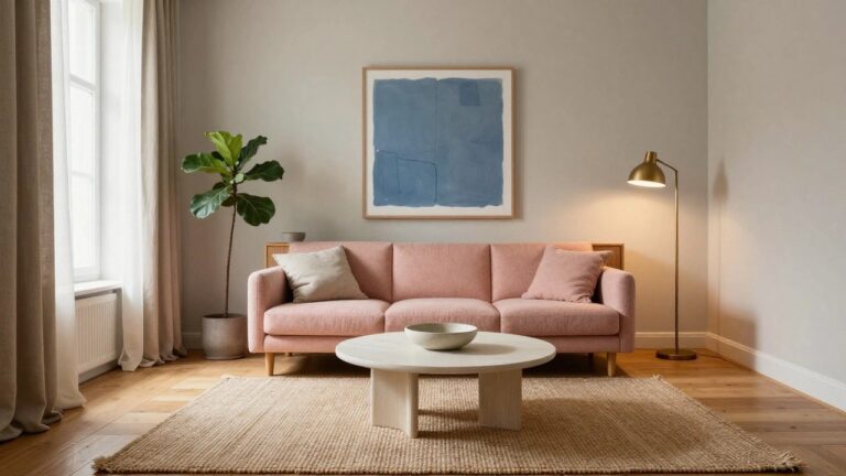 24 Soft Danish Pastel Interior Ideas That Feel Fresh And Calm Living room featuring a blush pink fabric sofa with oak legs, white oval coffee table holding a white bowl, beige seagrass rug on parquet floor, fiddle leaf fig plant by window with beige linen curtains, gold floor lamp, wooden sideboard, and abstract blue artwork on pale green walls.