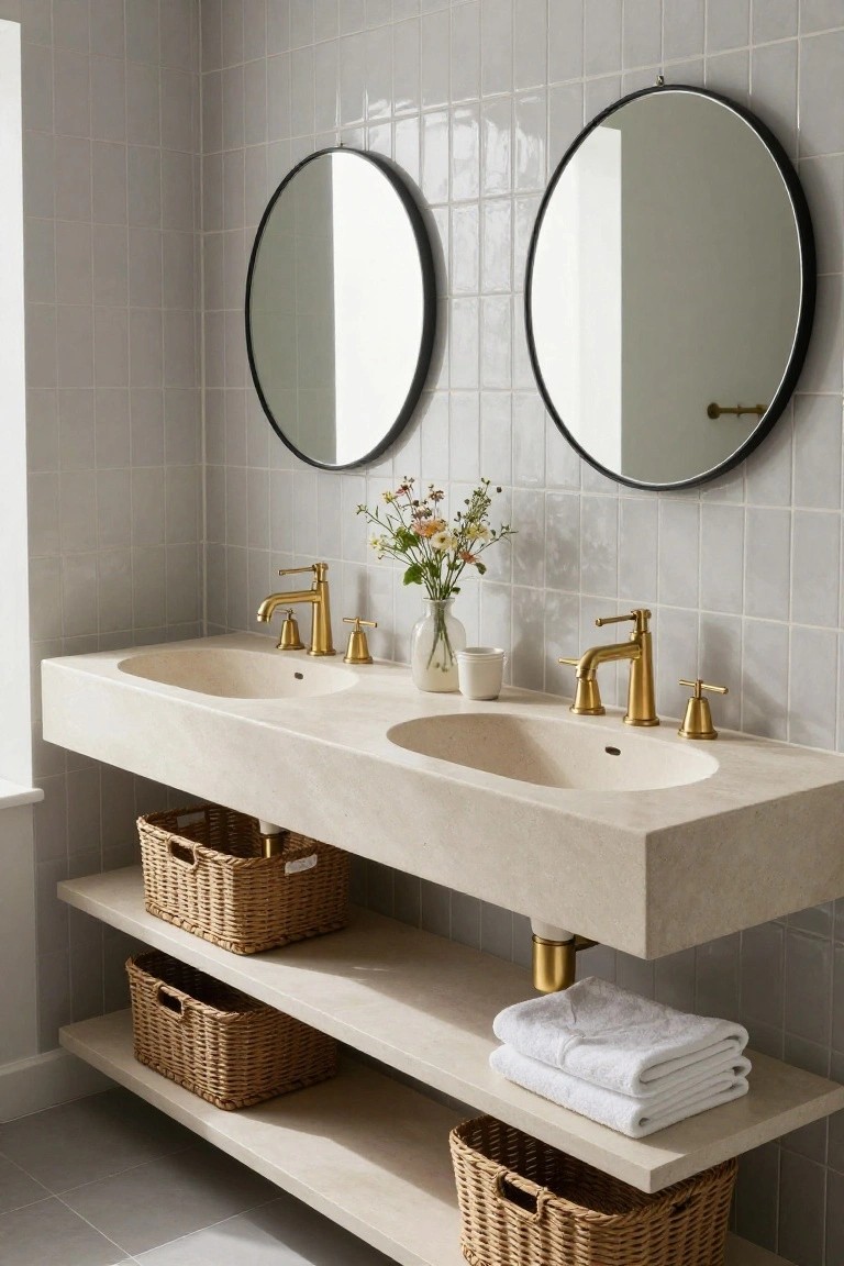 Bathroom with floating beige stone double vanity and integrated oval sinks, gold faucets, two round black-framed mirrors on gray subway tile wall, vase of flowers between sinks, wicker baskets and folded white towels on open shelves below.