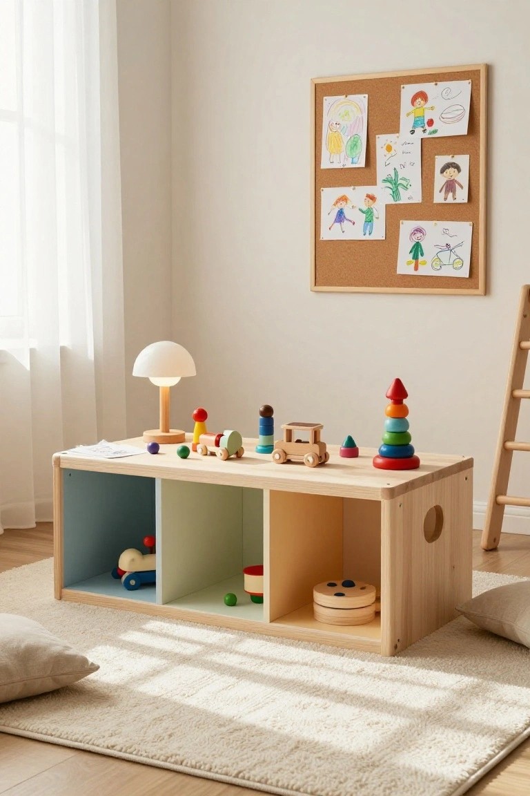 A minimalist children's playroom with a low wooden storage unit featuring blue, green, and natural wood compartments filled with wooden toys, play items on the top surface, a white mushroom lamp, and a corkboard wall with kids' drawings.