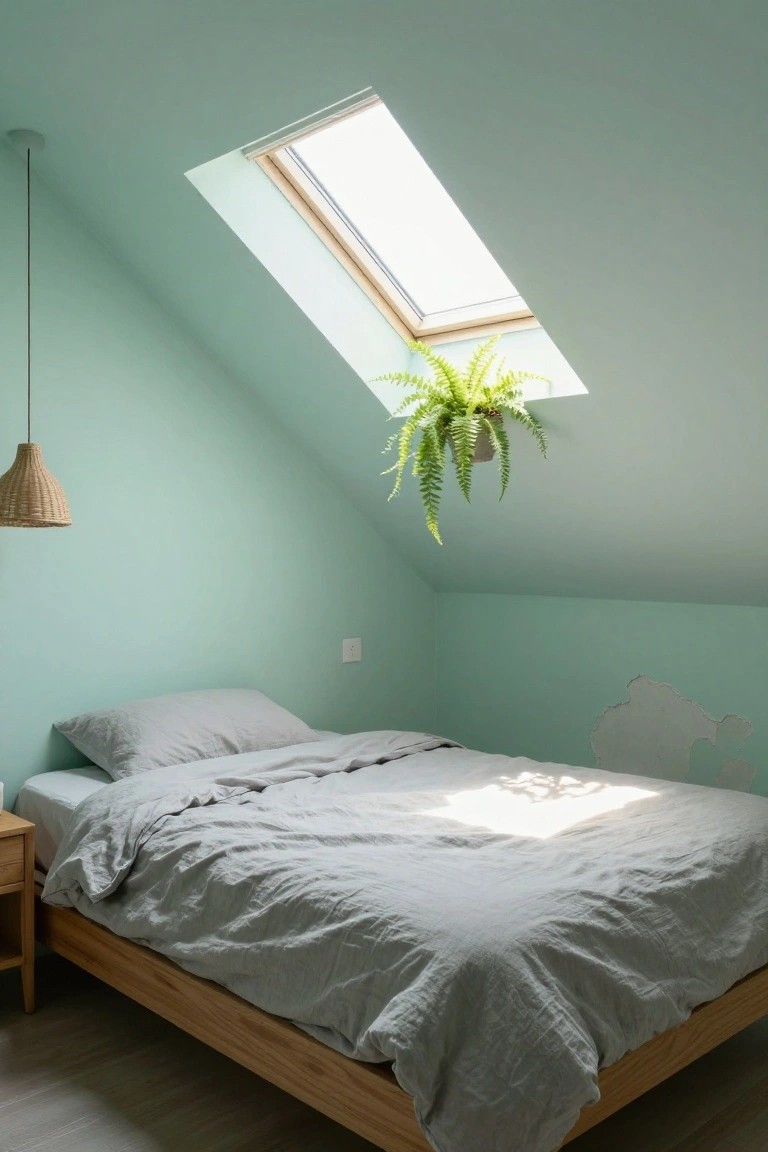Attic bedroom with mint green sloped walls and ceiling, skylight holding a hanging fern plant, wooden platform bed with gray linen sheets and pillows, wooden nightstand, rattan pendant lamp, and white wall switch.