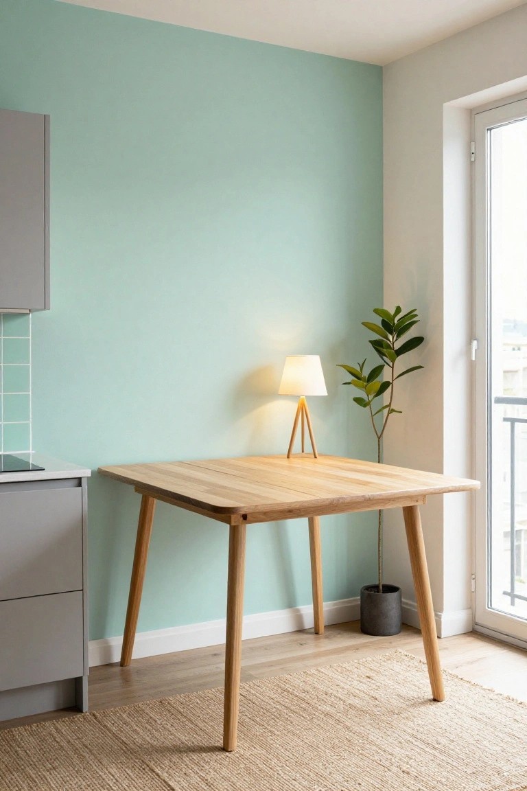 Square oak dining table with tapered legs in a kitchen corner against mint green walls, gray cabinets, white tripod lamp, potted plant in gray pot, and balcony door.