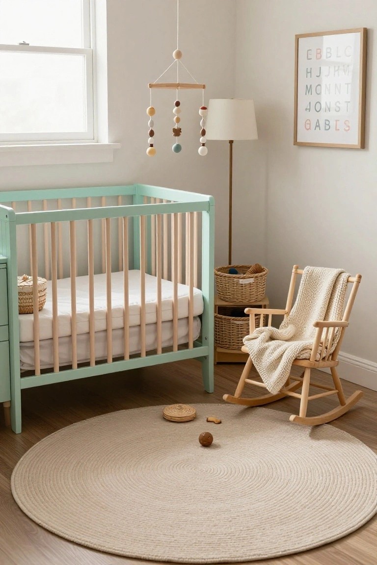 A nursery room corner with a mint green crib on a wooden frame, beige rocking chair with knit blanket, hanging wooden bead mobile, white lamp, woven baskets on shelves, and round seagrass rug on light wood floor.