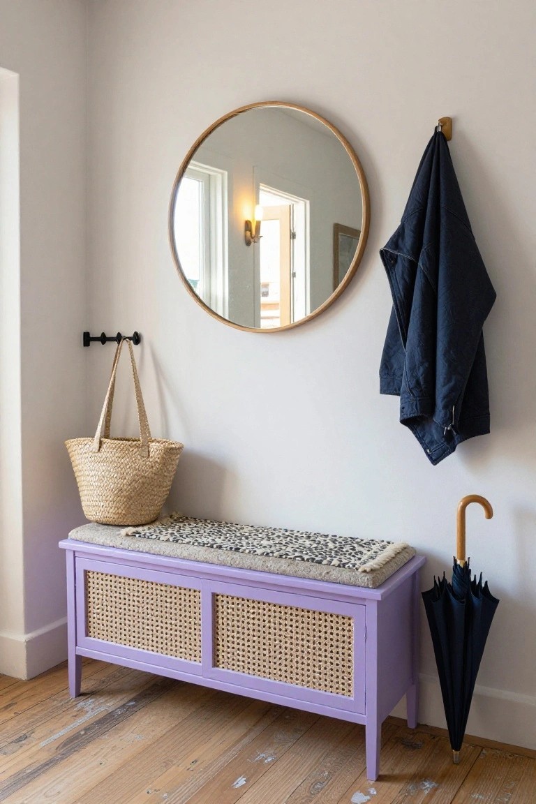 Purple storage bench with woven doors beneath round mirror and coat hooks.