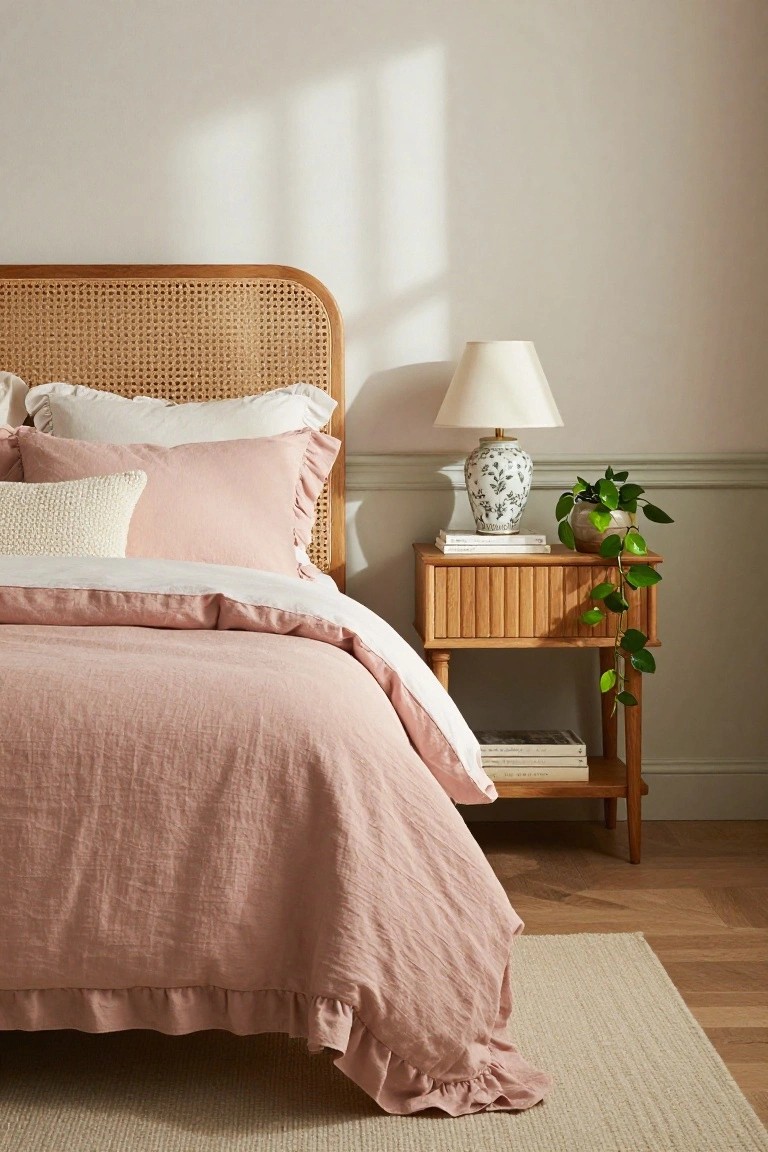 Bedroom with rattan headboard, blush pink ruffled linen duvet and shams, white ruffled pillows, textured white pillow, wooden slatted nightstand with lamp, blue and white vase, books, and trailing potted plant on hardwood floor.