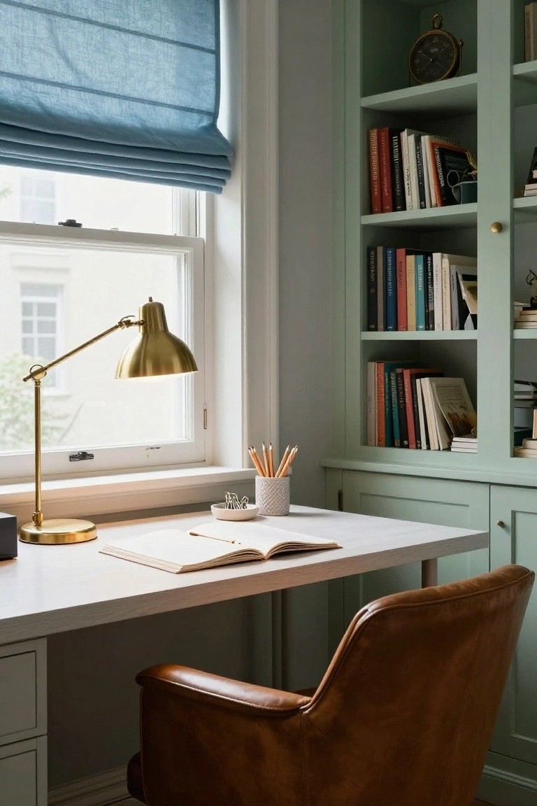 White desk with open notebook and gold lamp in front of mint green built-in bookshelves and cabinets, brown leather chair, window with blue roman shade.