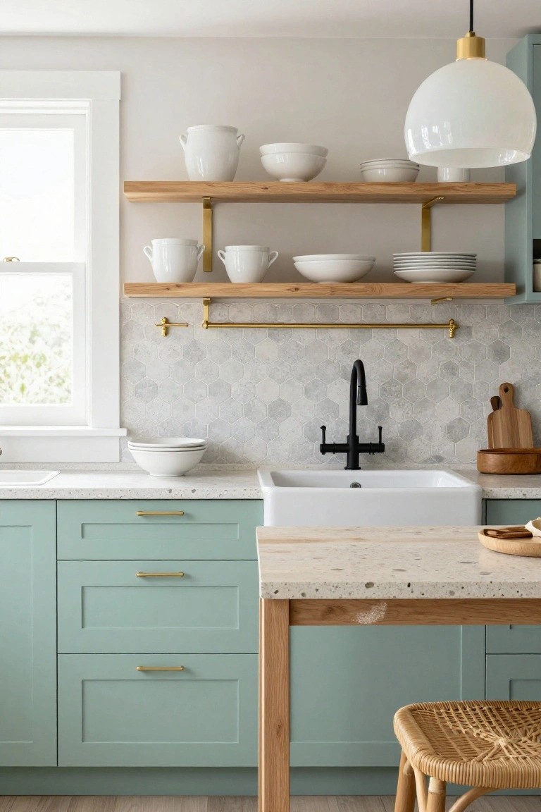 Kitchen with sage green lower cabinets, gold drawer pulls, white farmhouse sink, terrazzo countertop, hexagonal gray tile backsplash, open oak shelves holding white ceramics, and rattan stool.