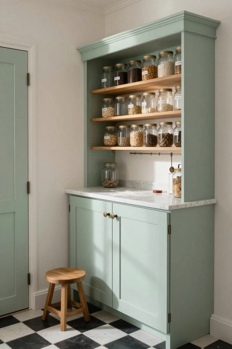 Sage green corner pantry cabinet with open wooden shelves of labeled glass jars containing grains, nuts, and beans, marble countertop with jars, wooden stool, beside a door on black and white checkered floor.