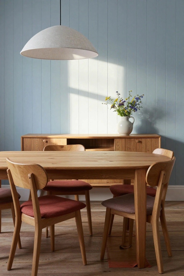 Dining room featuring pale blue vertical shiplap walls, oval oak table with four wooden chairs in red and gray upholstery, matching sideboard with white jug of wildflowers, large white fabric pendant lamp, and wooden floors.