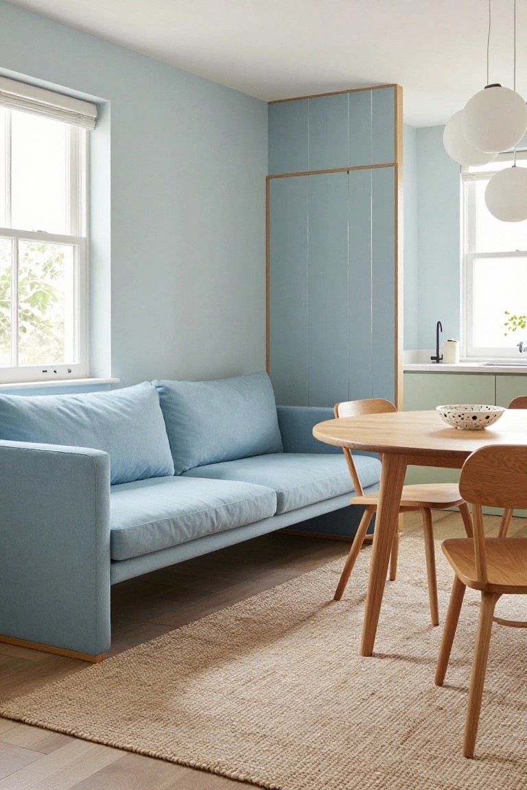 Light blue room interior with blue fabric sofa along one wall, round wooden dining table with oak chairs, seagrass rug, pendant lights, blue partition, and kitchen cabinets visible.