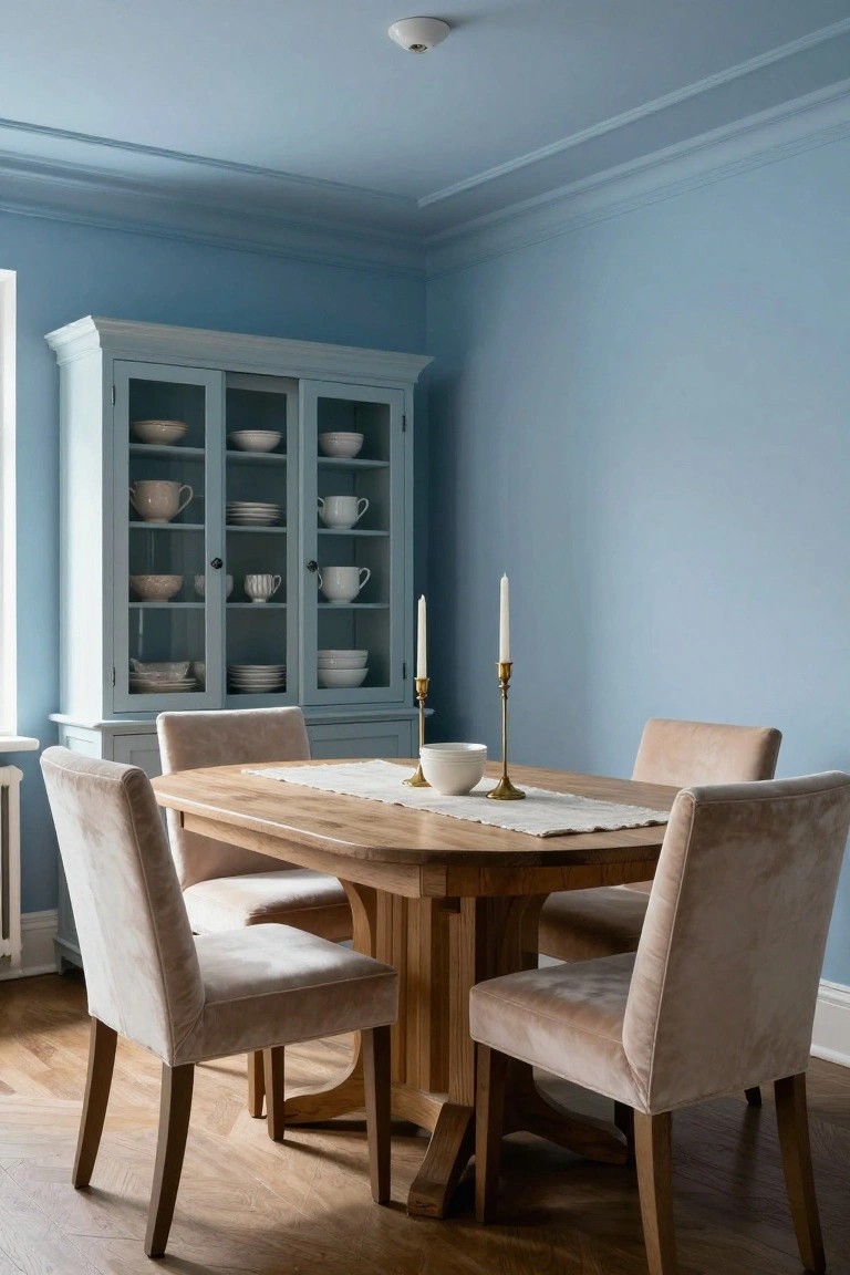 Dining room with light blue walls and white ceiling trim, oval wooden table with beige velvet chairs, blue cabinet displaying white dishes and bowls, gold candlesticks and bowl on table, oak parquet floor.