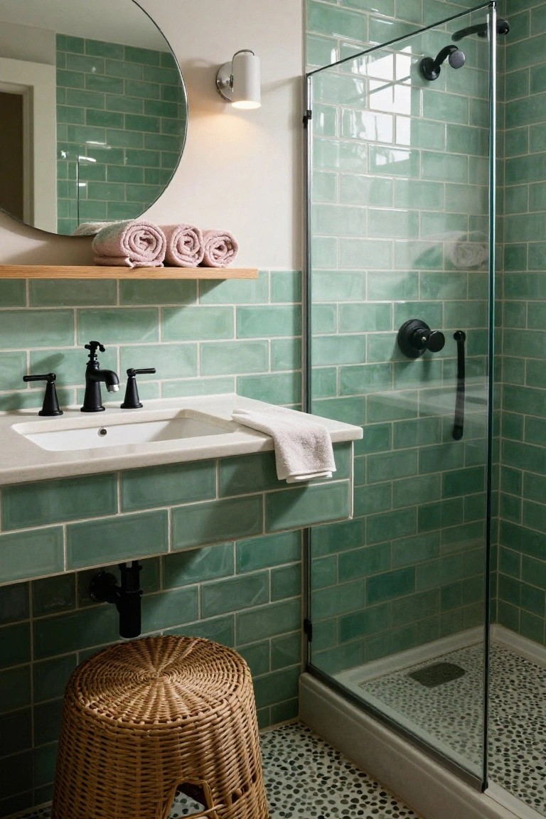 A small bathroom with pale green subway tiles on walls and around white undermount sink with black faucet, glass shower enclosure, round mirror on wooden shelf holding pink towels, wicker stool, and pebble-patterned shower floor.