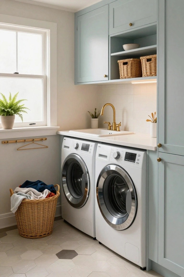 Laundry room with light blue cabinets, white washer and dryer, white countertop sink with gold faucet, wicker laundry baskets, plants, and hexagonal light gray floor tiles.