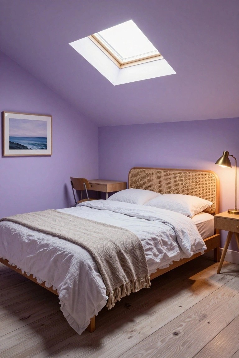 Attic bedroom with light purple walls, sloped ceiling and skylight, wooden bed with rattan headboard and white bedding, small wooden desk and chair, and gold lamp on nightstand.