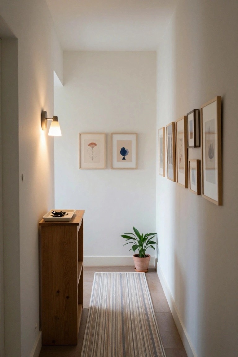 Narrow white hallway featuring a wooden console table with a white tray holding keys, two framed artworks on the wall nearby, a potted green plant, a striped runner rug on the floor, and a wall-mounted light fixture.