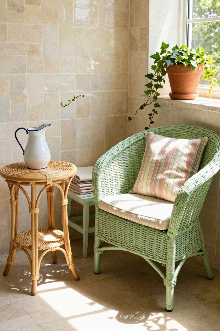 Green wicker armchair with beige and pastel striped cushions next to a rattan side table with white enamel pitcher and stacked towels in a beige tiled bathroom corner with ivy plant on windowsill.