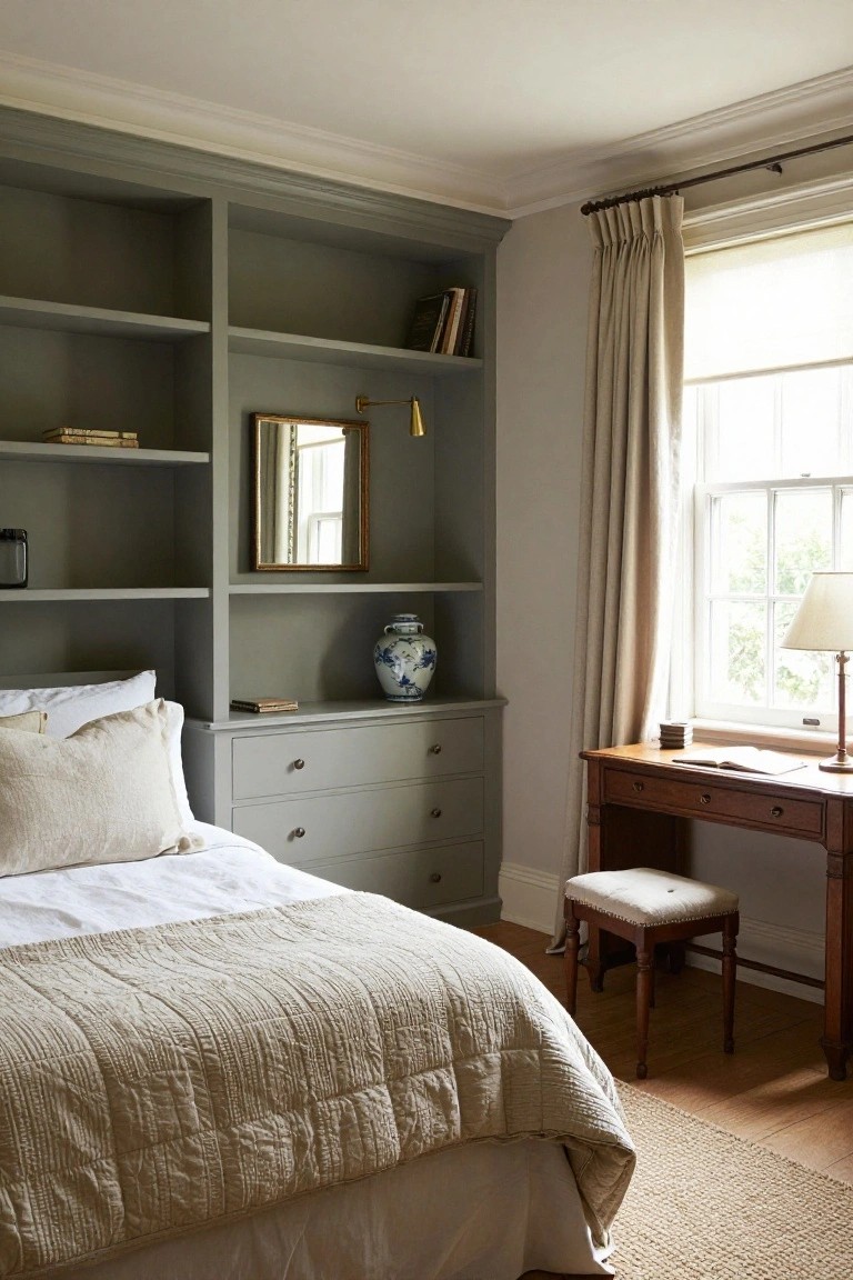 Bedroom Built-In Shelving in Soft Grey