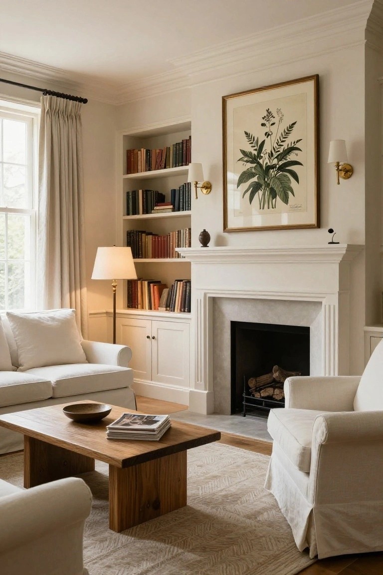 A light beige living room with a white fireplace flanked by tall built-in bookshelves filled with books, white slipcovered sofa and chairs, a wooden coffee table, and a large framed botanical print above the mantel.