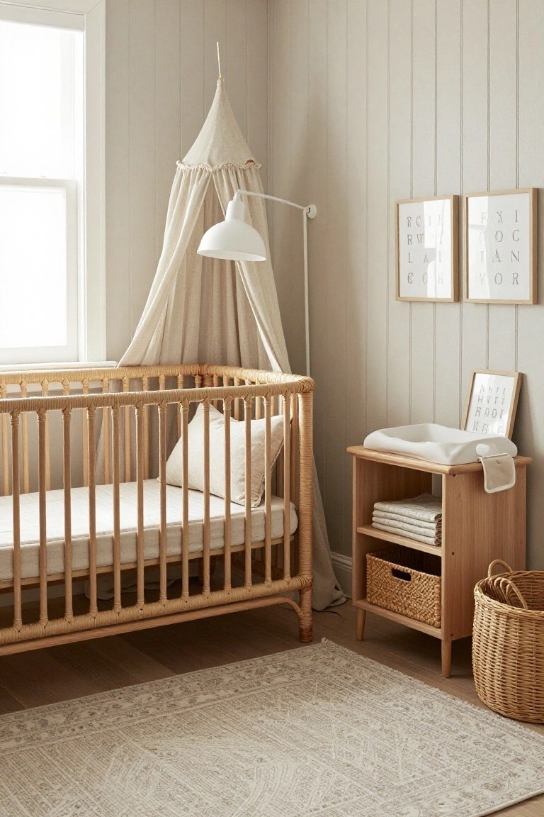 Nursery room with rattan wood crib under beige fabric canopy, wooden changing table with white pad, neutral walls, and beige rug on wood floor.