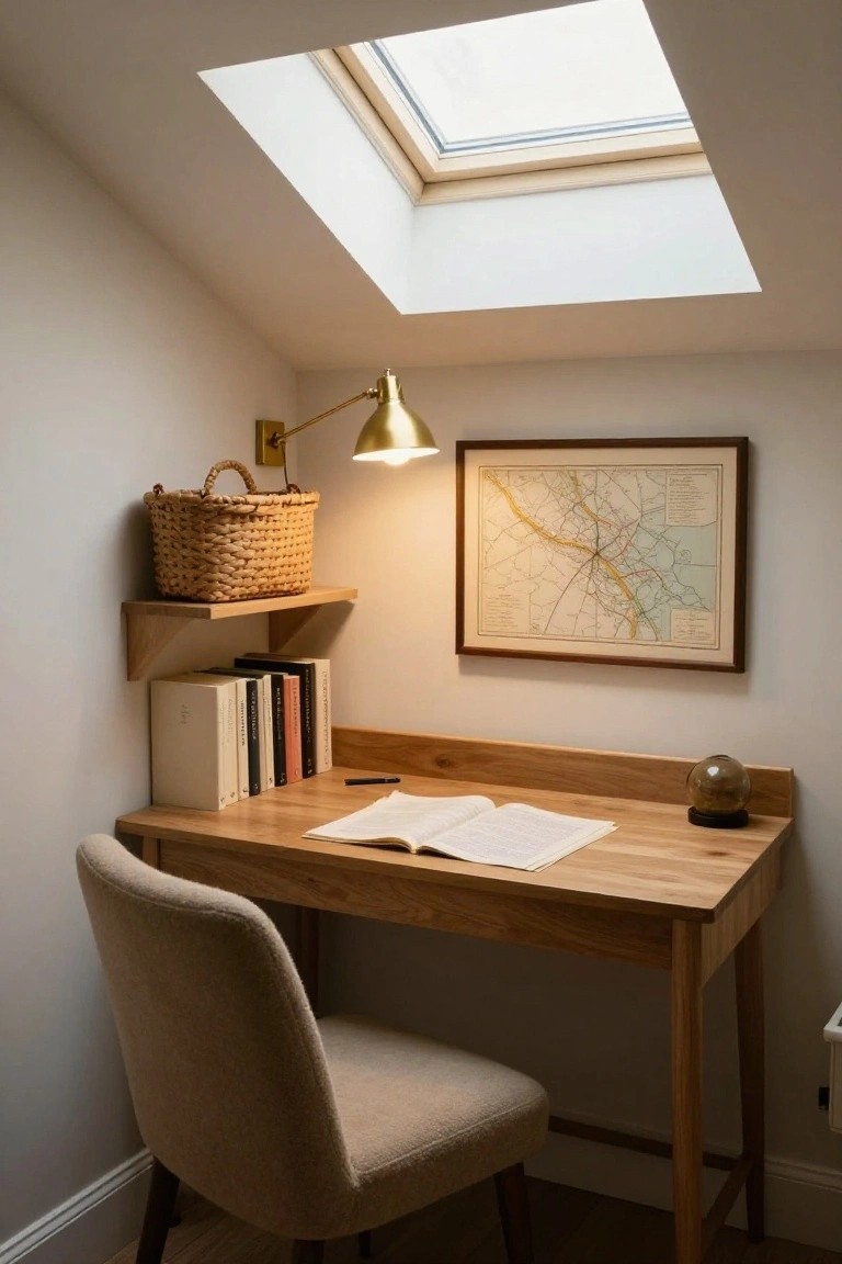 Attic room interior with light wood desk holding an open book and pen, wood shelves above holding books and a wicker basket, brass wall lamp lit, framed map on wall, glass orb on desk, beige walls, and skylight overhead.