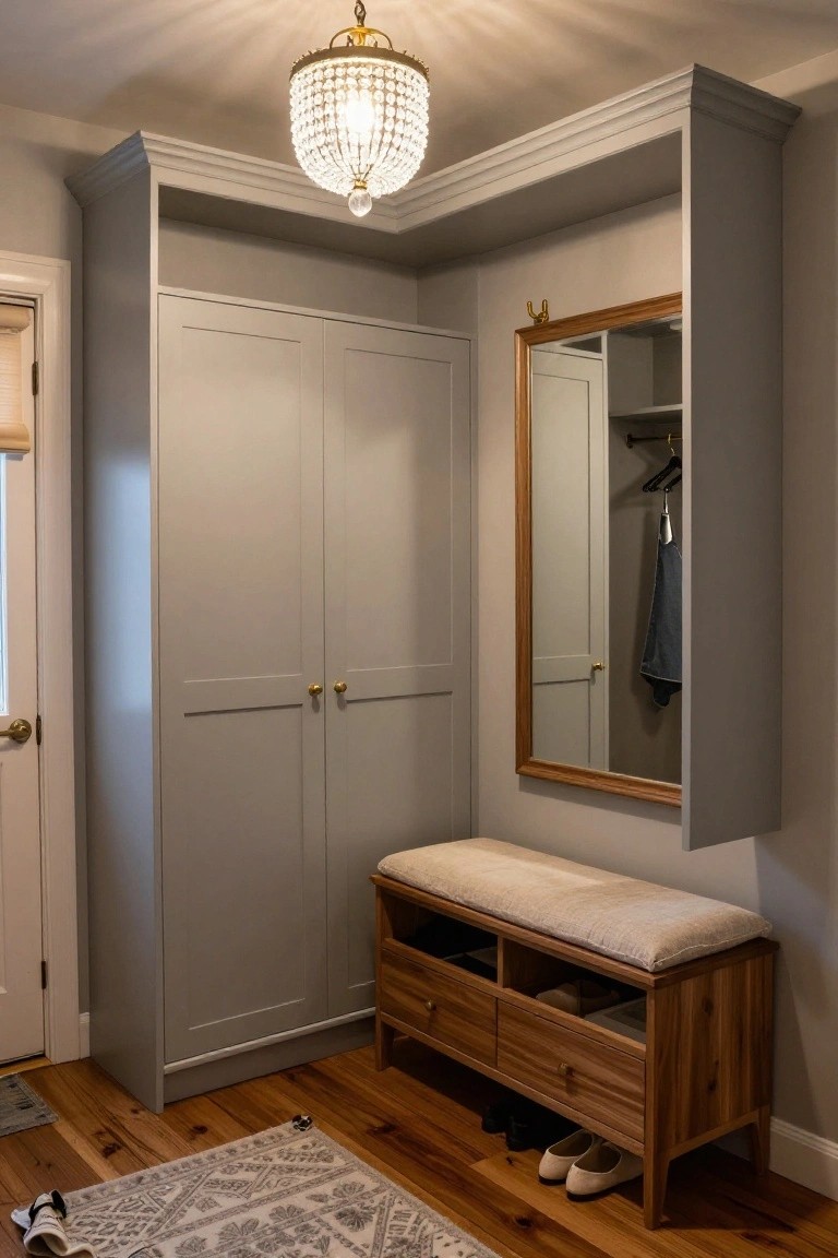 Corner built-in gray wardrobes with double doors, adjacent wood storage bench with cushion and drawers, gold-framed mirror cabinet with hanging clothes, shoes under bench, on hardwood floor with patterned rug.
