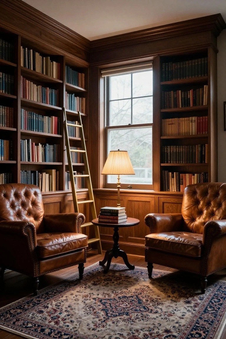 Wood-paneled library corner with tall bookshelves filled with books, golden rolling ladder, two brown tufted leather armchairs facing each other across a small round wood table with stacked books, a fringed lamp, and a window.