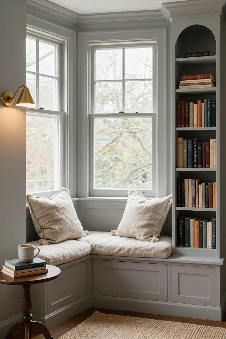 Gray built-in corner window seat with integrated bookshelves, beige cushions, a small wooden side table holding stacked books and a mug, in a room with large multipane windows overlooking trees.