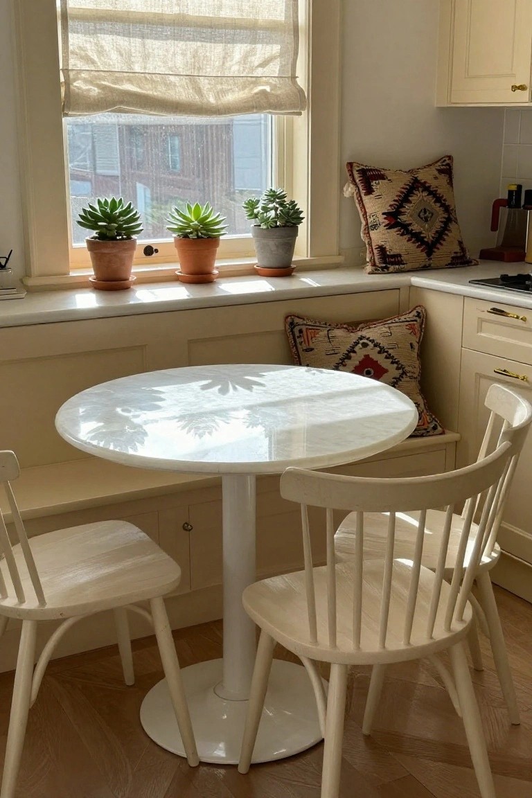 Light cream kitchen corner featuring a round white marble-topped table on a pedestal base, two matching white wooden chairs, a built-in window bench with beige patterned cushions, three potted succulents on the windowsill, and surrounding cream cabinets with wood flooring.