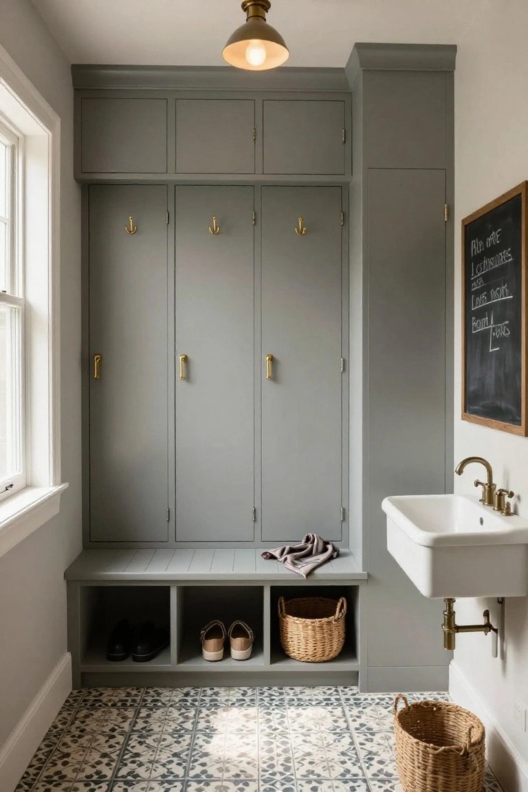 A mudroom interior with gray built-in lockers featuring brass hooks and handles, a wooden bench with open cubbies storing shoes and baskets below, a white pedestal sink, and black-and-white patterned tile floor.