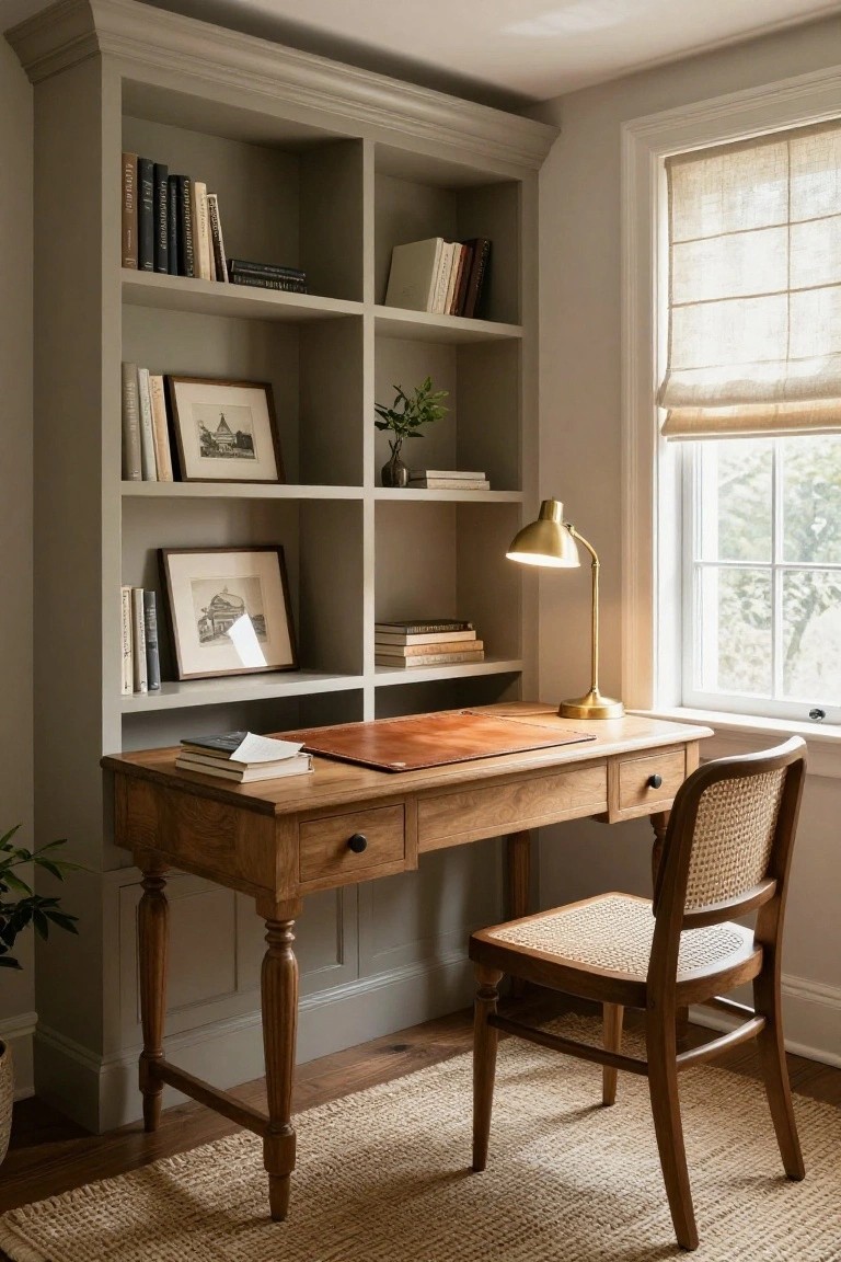 Tall gray built-in bookshelves surround a wooden desk with leather blotter and stacked books, lit by a brass lamp, with a rattan chair and sheer window shades nearby.