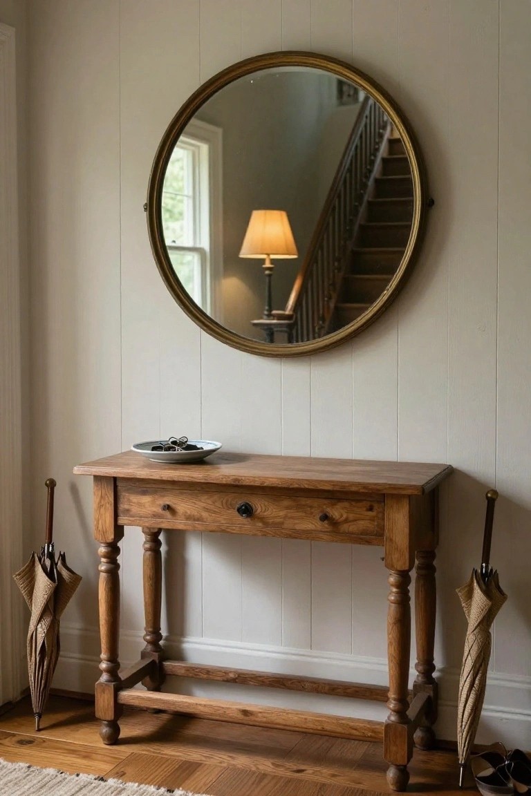 Wooden console table with a dish of keys on top and a drawer, flanked by two umbrellas, under a large round gold-framed mirror on a white paneled wall in a hallway, with stairs visible in the mirror reflection.