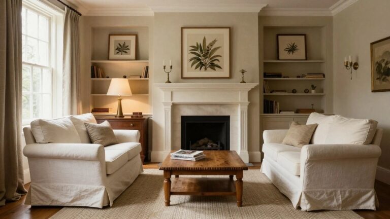 A light beige living room with a white fireplace flanked by tall built-in bookshelves filled with books, white slipcovered sofa and chairs, a wooden coffee table, and a large framed botanical print above the mantel.