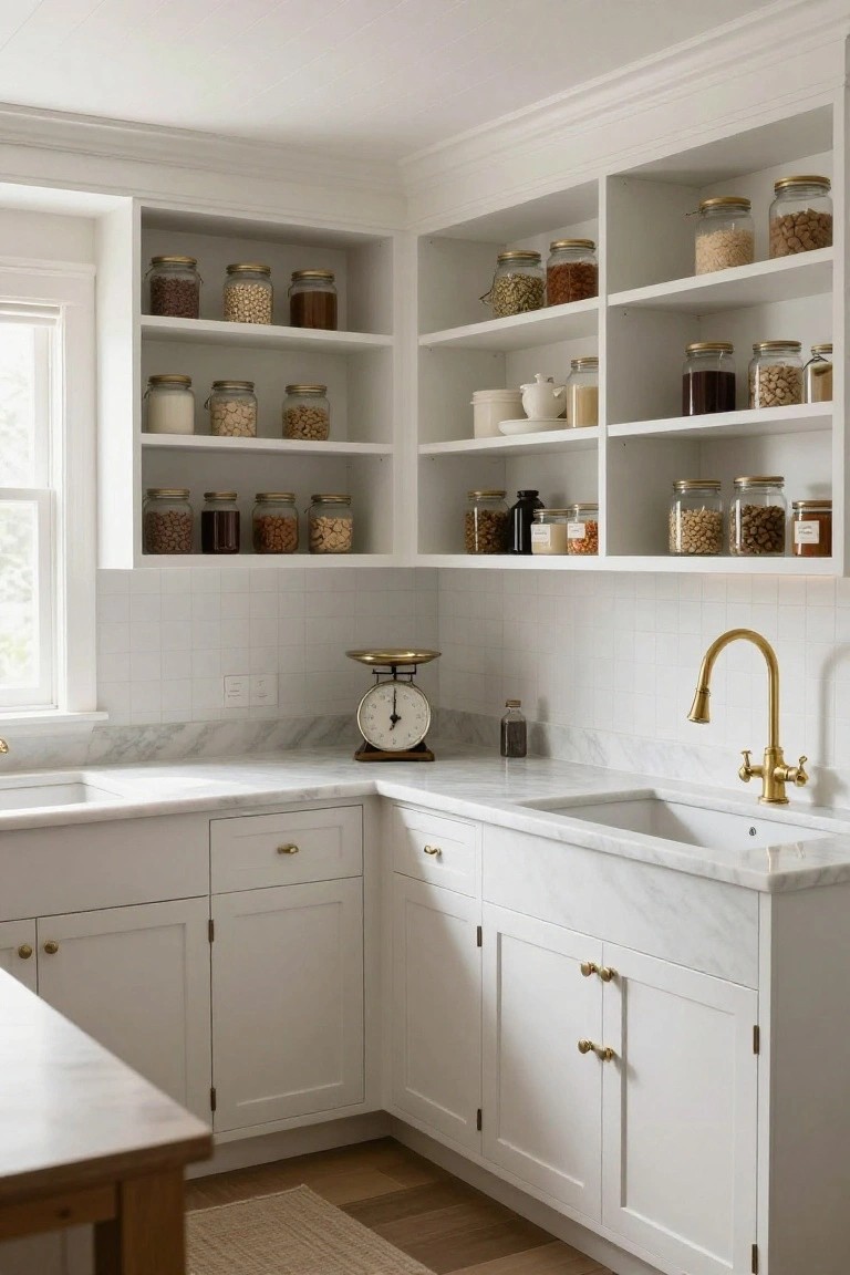 Corner view of a white kitchen with shaker-style cabinets, marble countertop, gold faucet and hardware, brass scale, white subway tile backsplash, and open shelves stocked with glass jars containing nuts, grains, rice, beans, and spices.