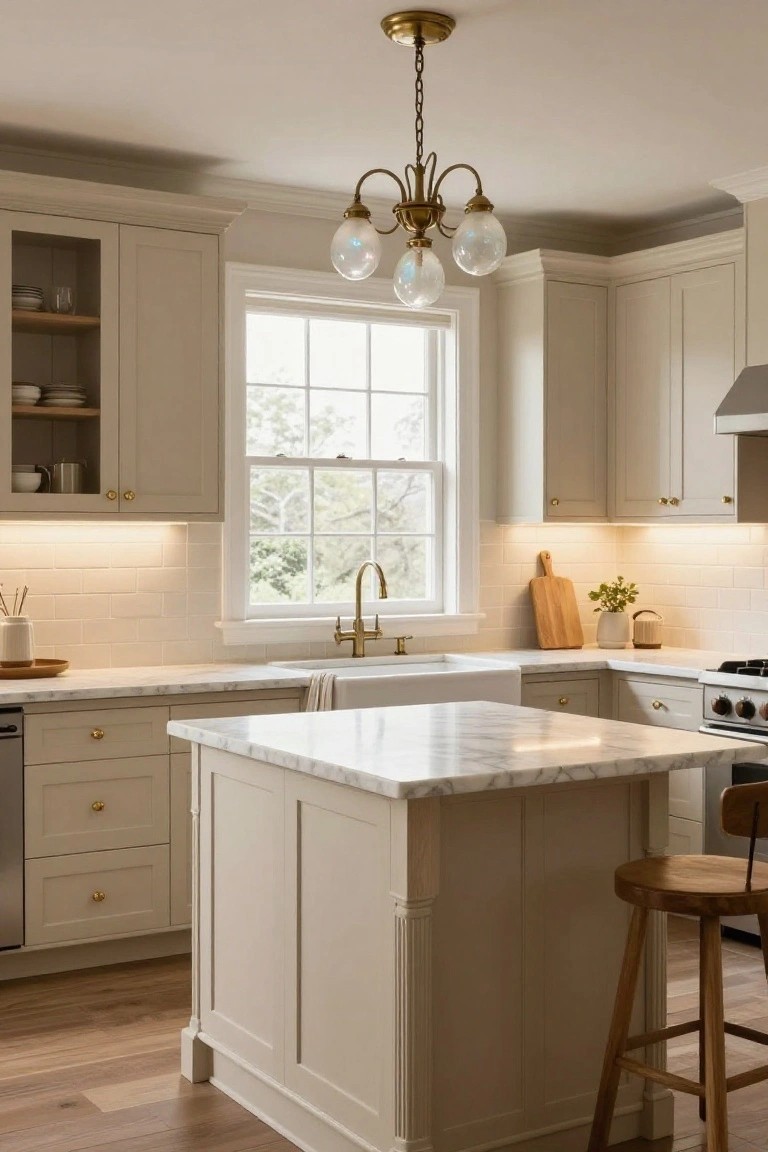 A traditional kitchen with light greige shaker-style cabinets, white marble countertops and island, brass chandelier and hardware, farmhouse sink, wooden bar stool, and large window overlooking trees.