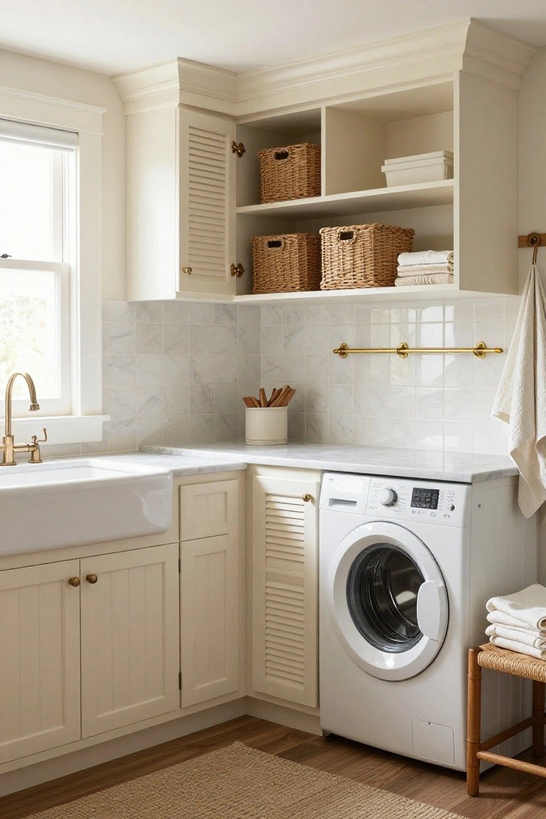A laundry room with cream Shaker cabinets, white farmhouse sink on marble countertop and backsplash, integrated front-loading washer, open shelves holding wicker baskets and folded towels, brass towel bar, and rattan stool on wood floor by a window.